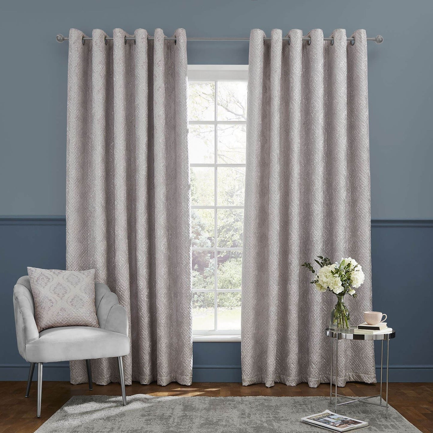 Damask Metallic Pinsonic Grey Eyelet Curtains