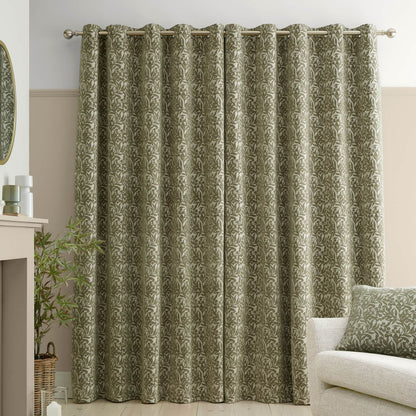 Bianca Fine Linens Chenille Leaves Lined Eyelet Curtains Two Panels Green