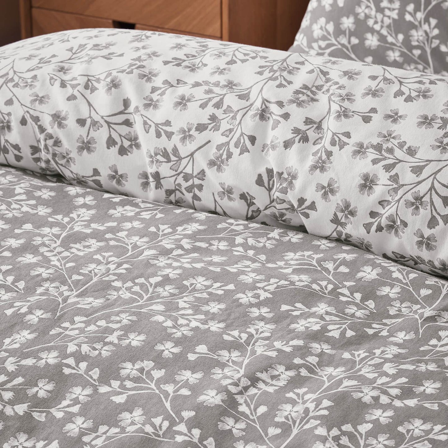 Brushed Grace Floral Leaf Grey Duvet Cover Set