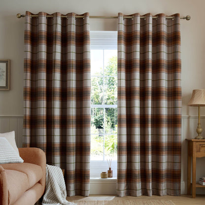 Catherine Lansfield Brushed Woven Glencoe Check Thermal Eyelet Door Panel Terracotta