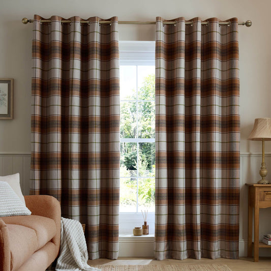 catherine-lansfield-brushed-woven-glencoe-check-thermal-eyelet-door-panel-terracotta