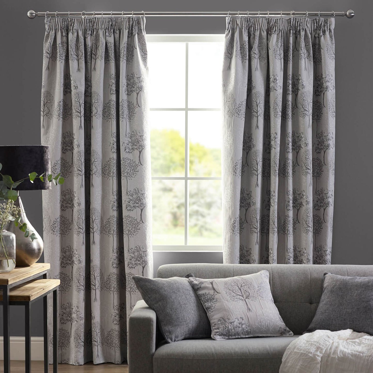 Arden Floral Silver Pencil Pleat Curtains