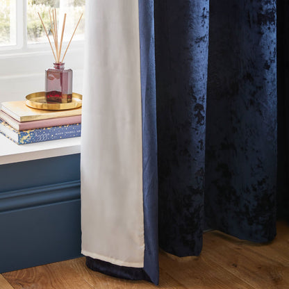 Catherine Lansfield Crushed Velvet Lined Eyelet Curtains Two Panels Navy Blue