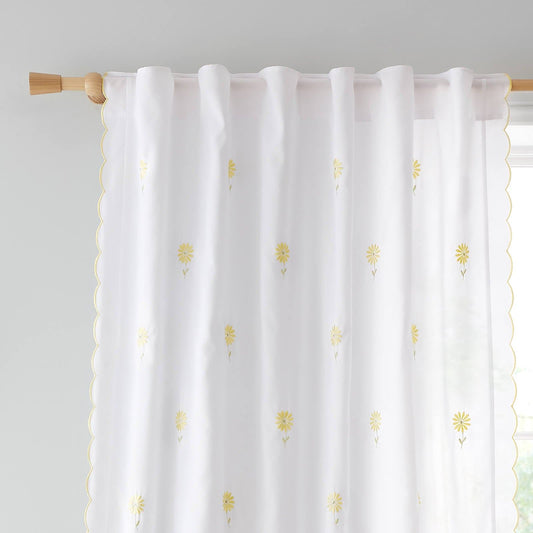 Lorna Embroidered Daisy Tab Top Voile Curtain Panel White