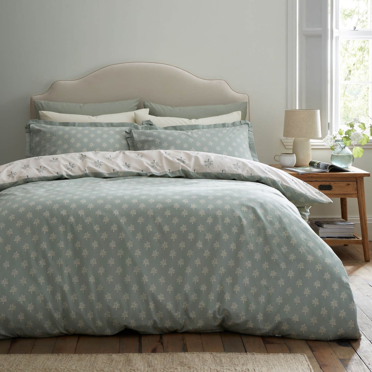 Emily Bond Dapplewood Trees Printed Reversible Cotton Bedding Duvet Cover Set Cream