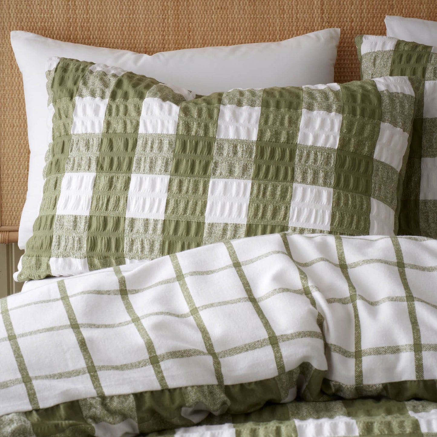 Brushed Seersucker Gingham Olive Duvet Cover Set