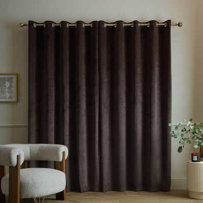 Catherine Lansfield Super Blackout Matt Velour Eyelet Curtains Two Panels Chocolate