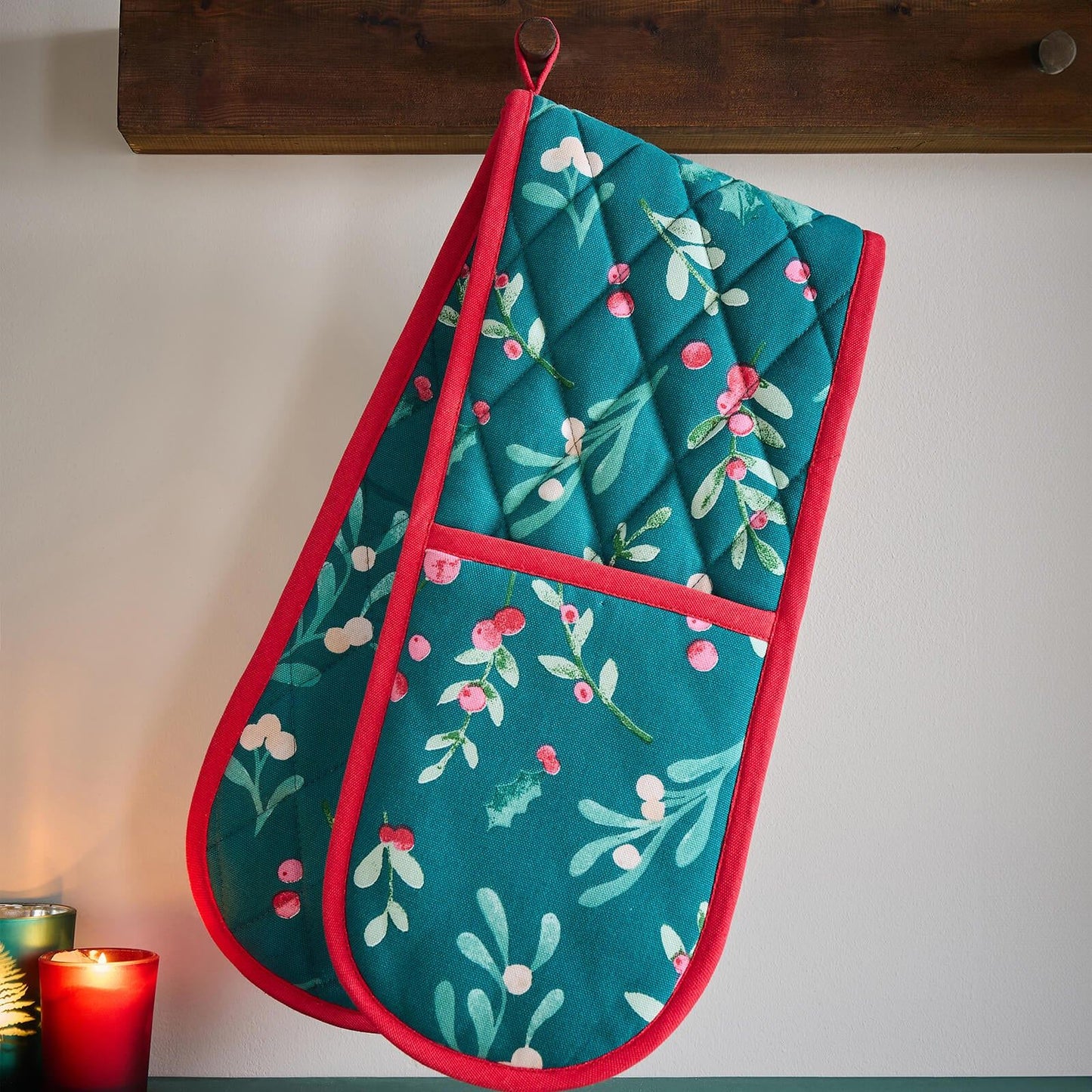 Christmas Holly And Mistle Toe Green Oven Glove - Double