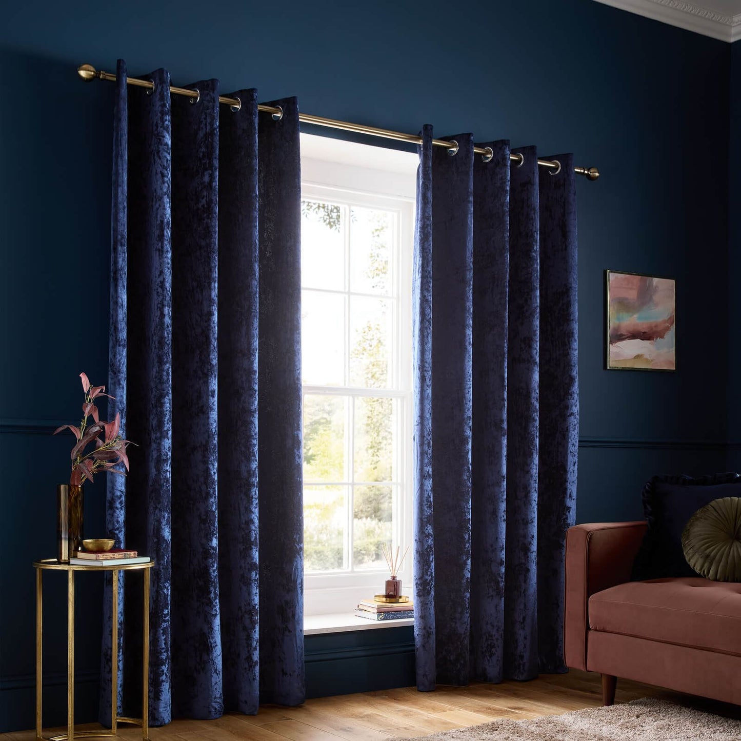 Catherine Lansfield Crushed Velvet Lined Eyelet Curtains Two Panels Navy Blue