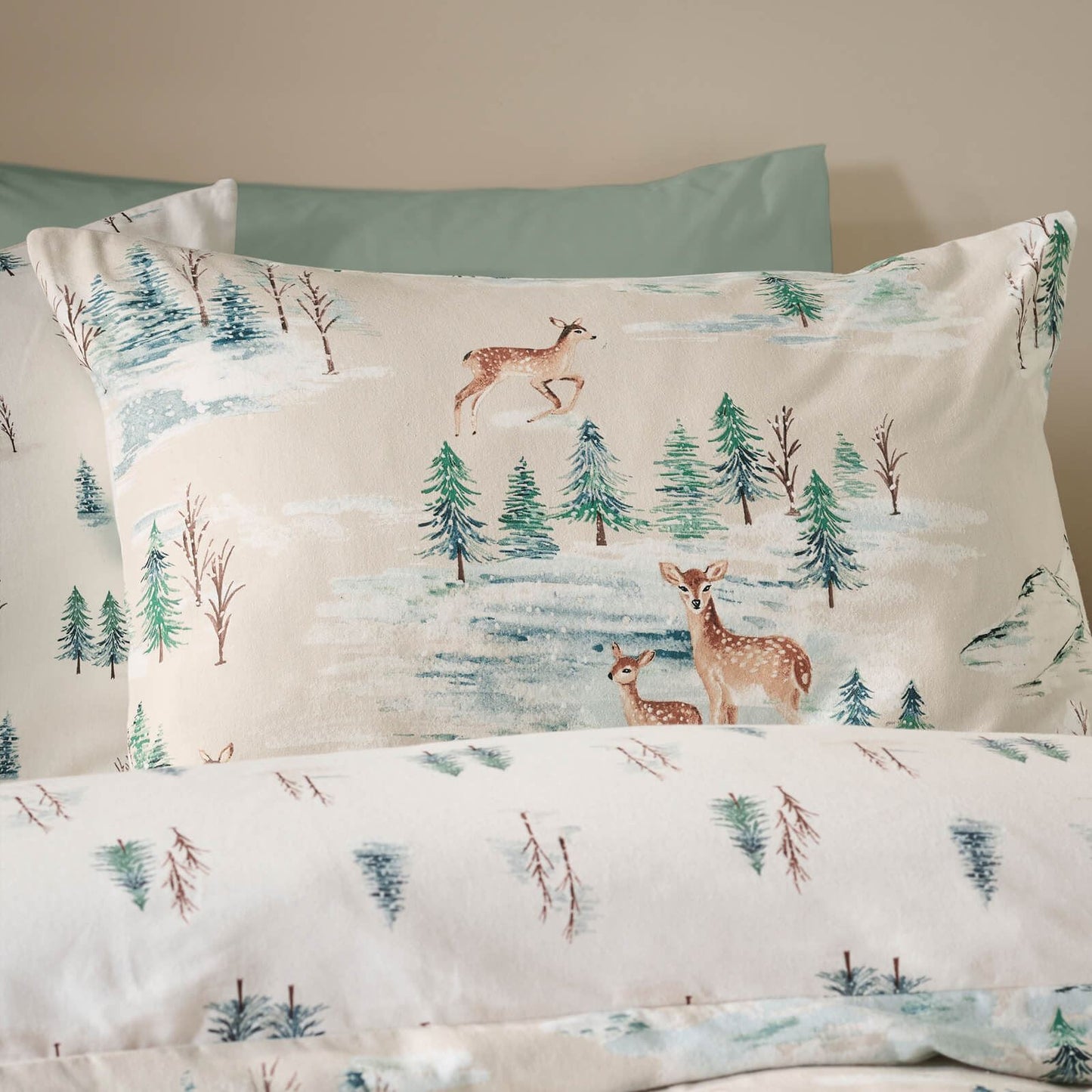Catherine Lansfield Christmas Deer Print Cotton Bedding Duvet Cover Set Natural