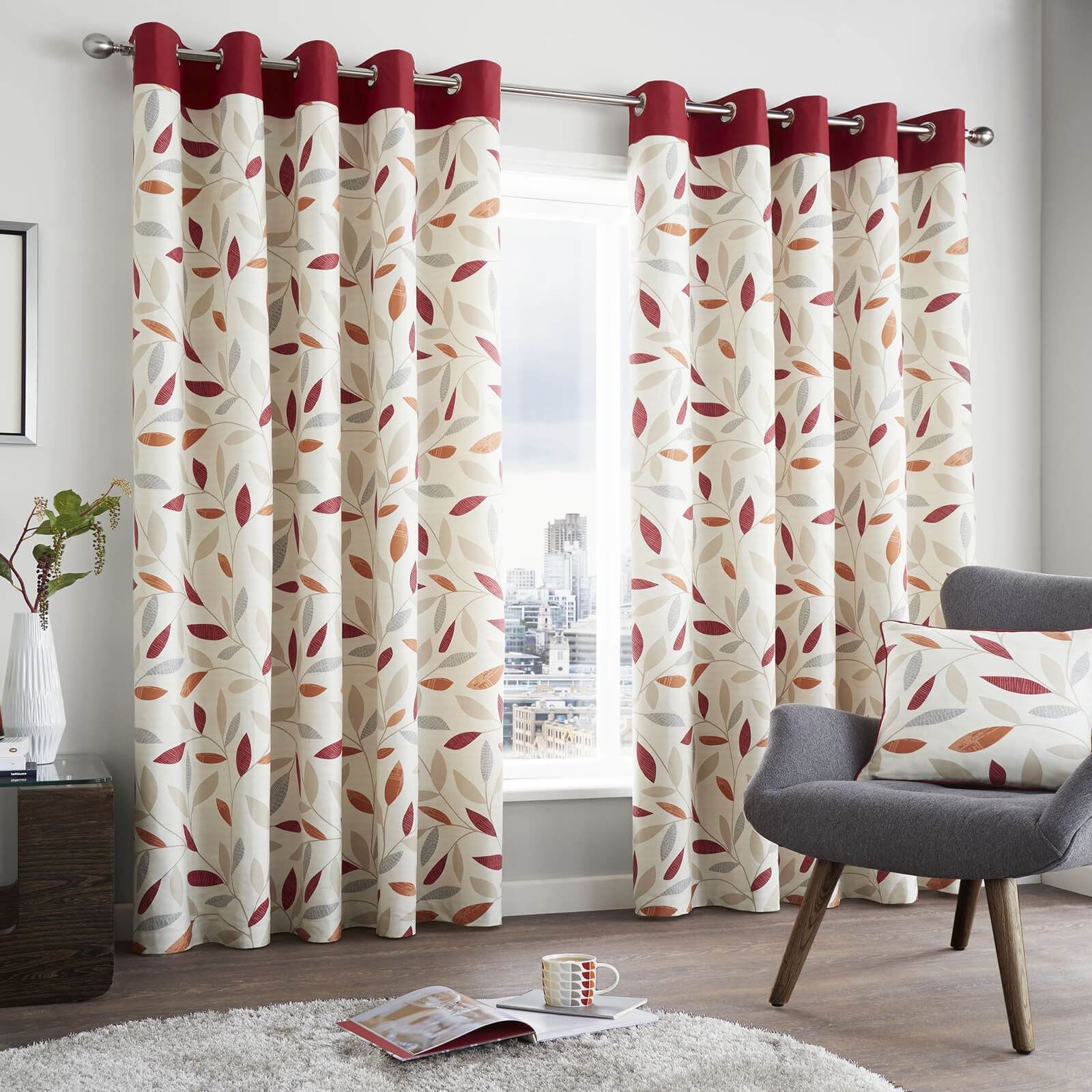 Beechwood Leaf Red Eyelet Curtains