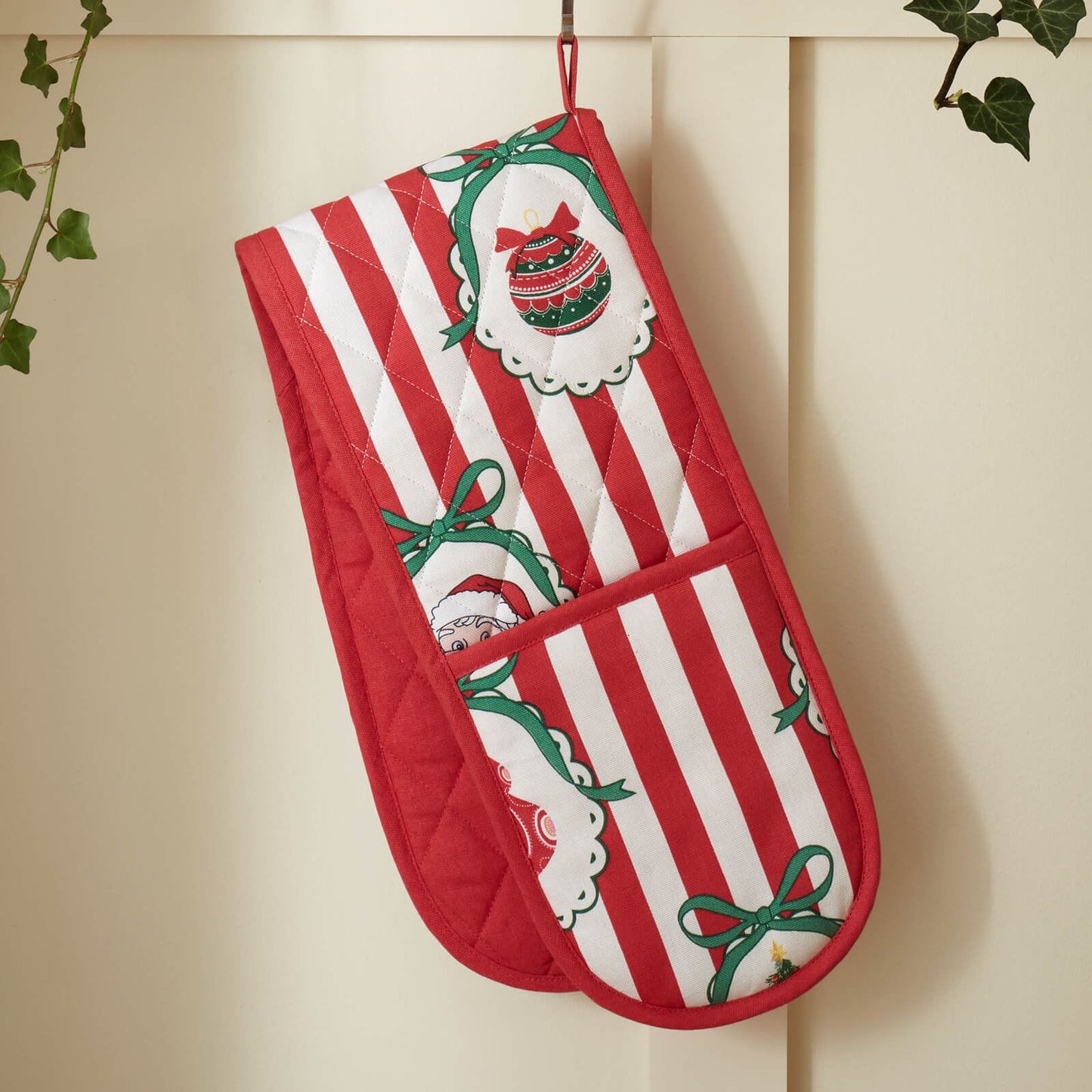 Catherine Lansfield Christmas Vintage Stripe Cotton Kitchen Double Oven Glove Red