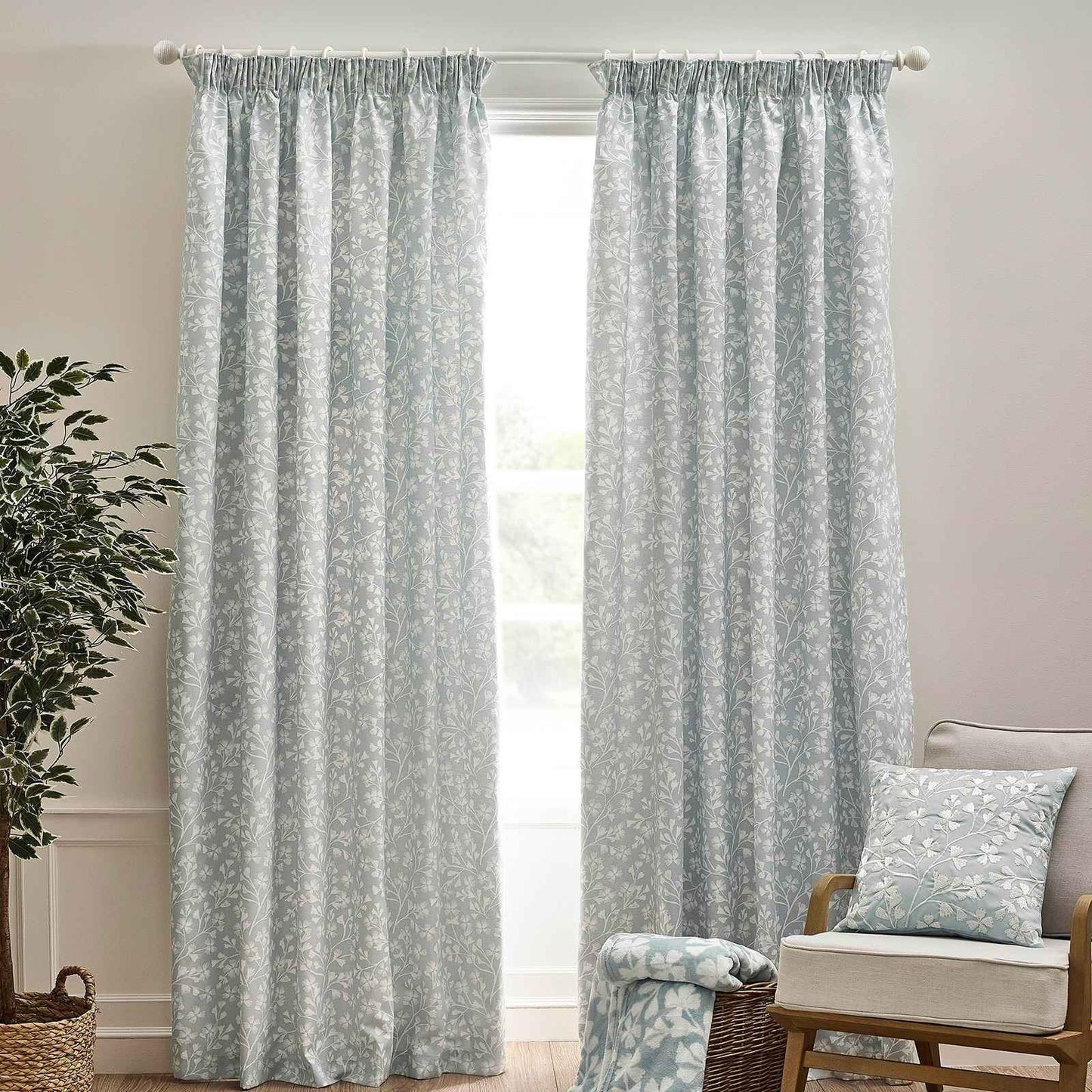 Brooke Floral Duck Egg Curtains Two Panels