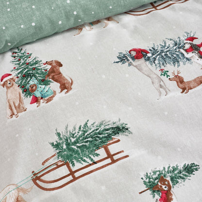 Catherine Lansfield Christmas Dogs Print Cotton Bedding Duvet Cover Set Green