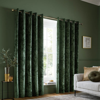 Catherine Lansfield Crushed Velvet Lined Eyelet Curtains Two Panels Olive Green