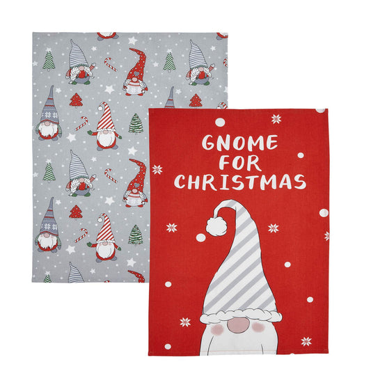 Christmas Gnomes Grey/ Red Tea Towels Pair