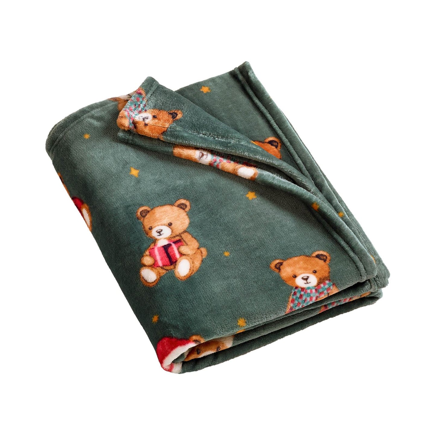 Catherine Lansfield Christmas Tartan Teddy Bear Fleece Cosy Blanket Throw Green - 130x170cm