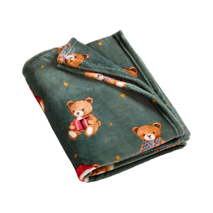 Catherine Lansfield Christmas Tartan Teddy Bear Fleece Cosy Blanket Throw Green - 130x170cm