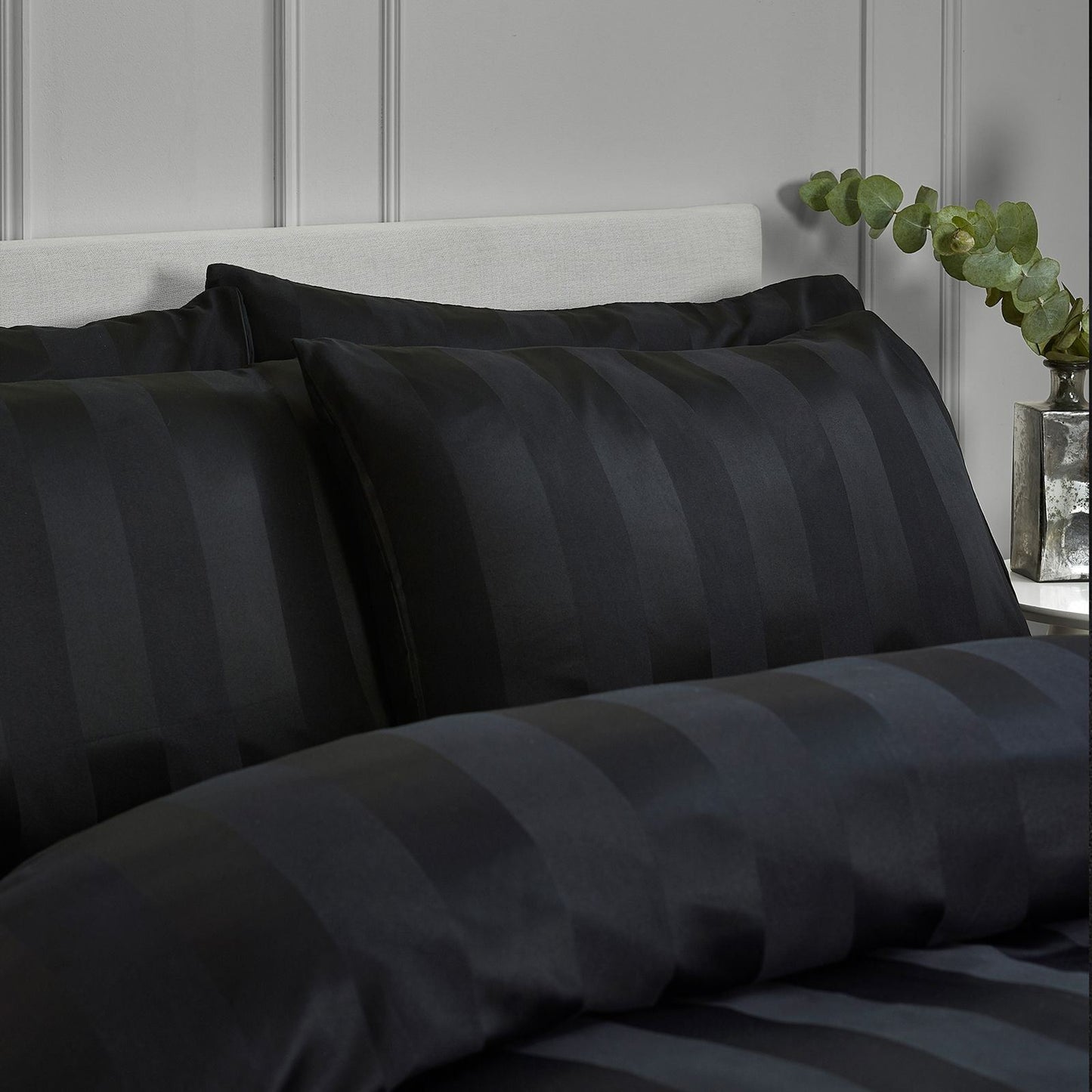 Catherine Lansfield So Soft Satin Stripe Black Pillow case with envelope closure - Standard