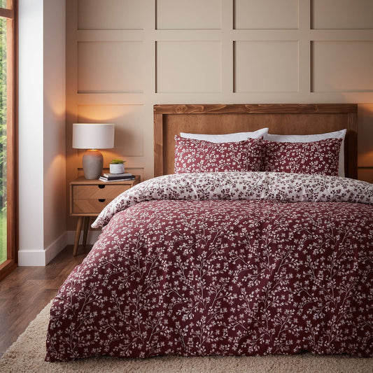 Brushed Grace Floral Leaf Red Duvet Cover Set