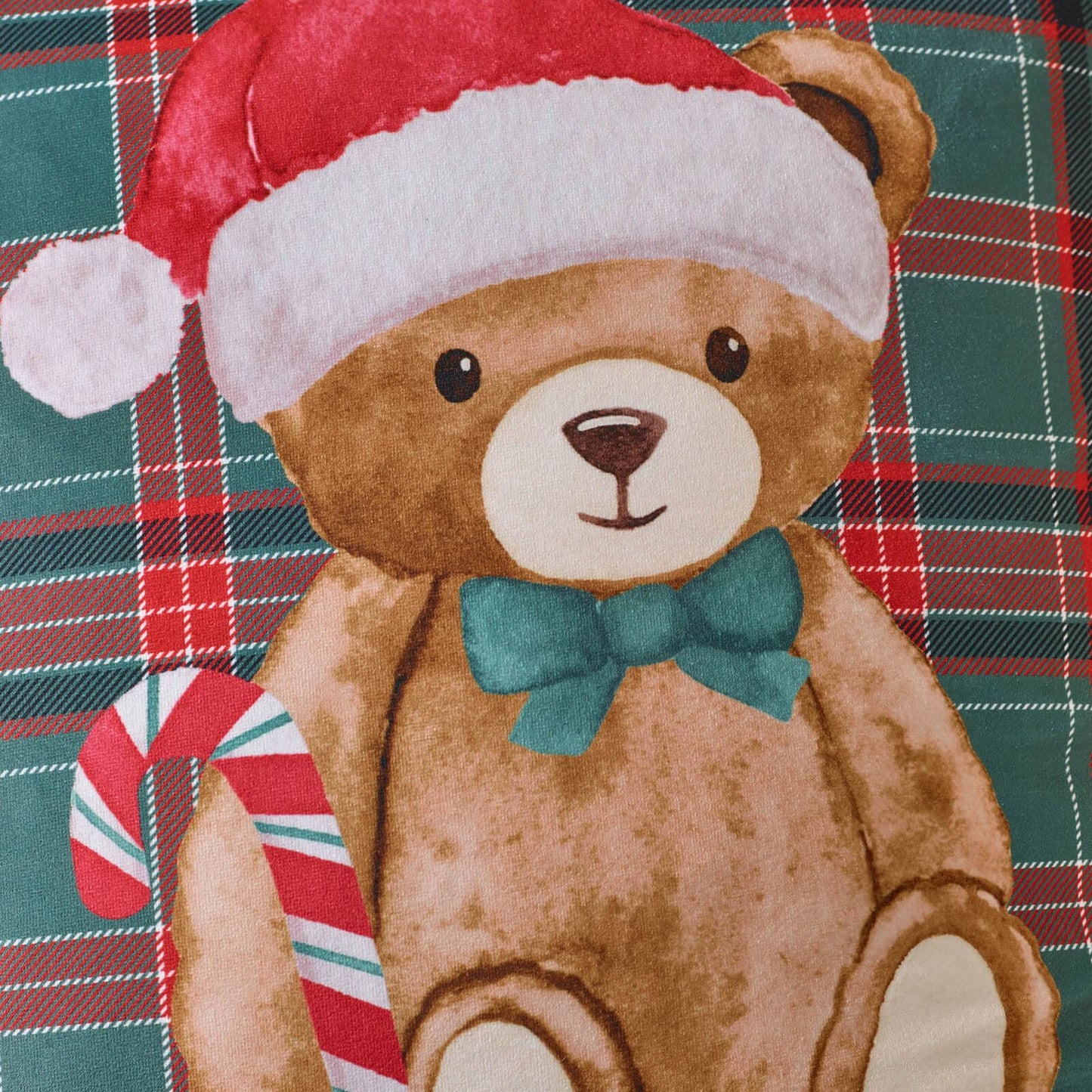 Catherine Lansfield Christmas Tartan Teddy Bear Printed Cushion Green - 45x45cm