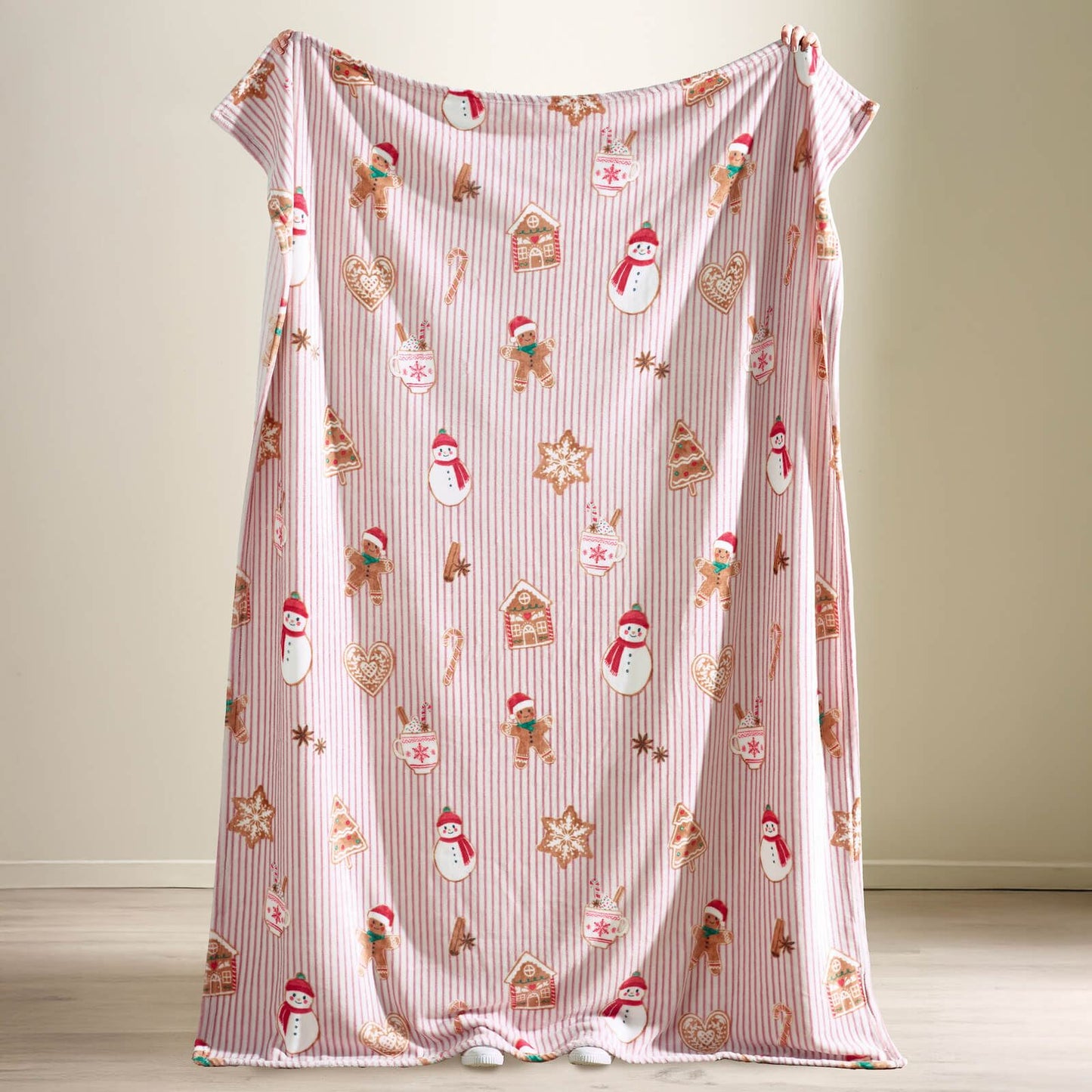 Catherine Lansfield Christmas Gingerbread Stripe Cosy Fleece Blanket Throw Natural - 130x170cm