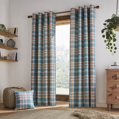 Tweed Woven Check Teal Eyelet Curtains