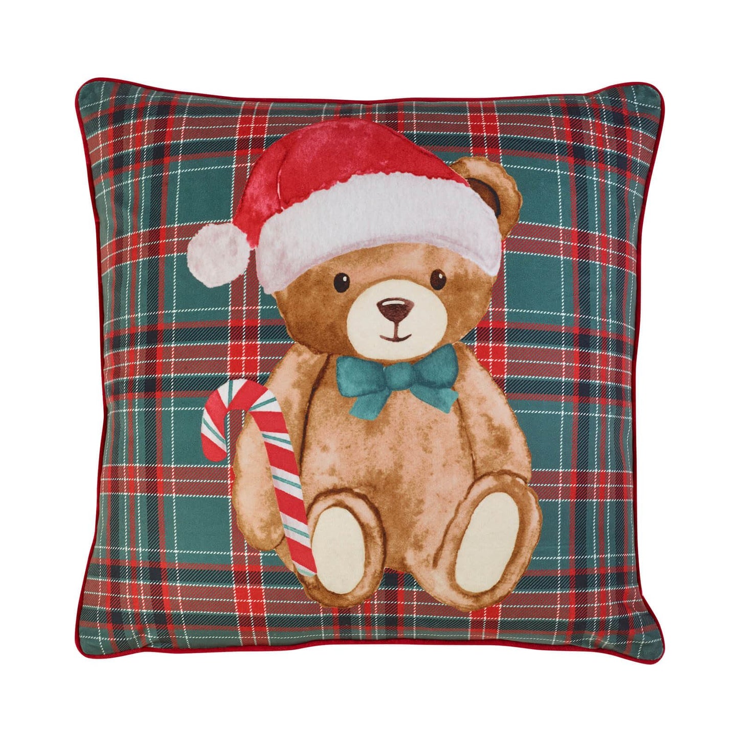 Catherine Lansfield Christmas Tartan Teddy Bear Printed Cushion Green - 45x45cm