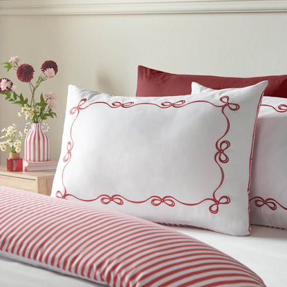 Catherine Lansfield Bow Embroidered Cotton Bedding Duvet Cover Set White / Red