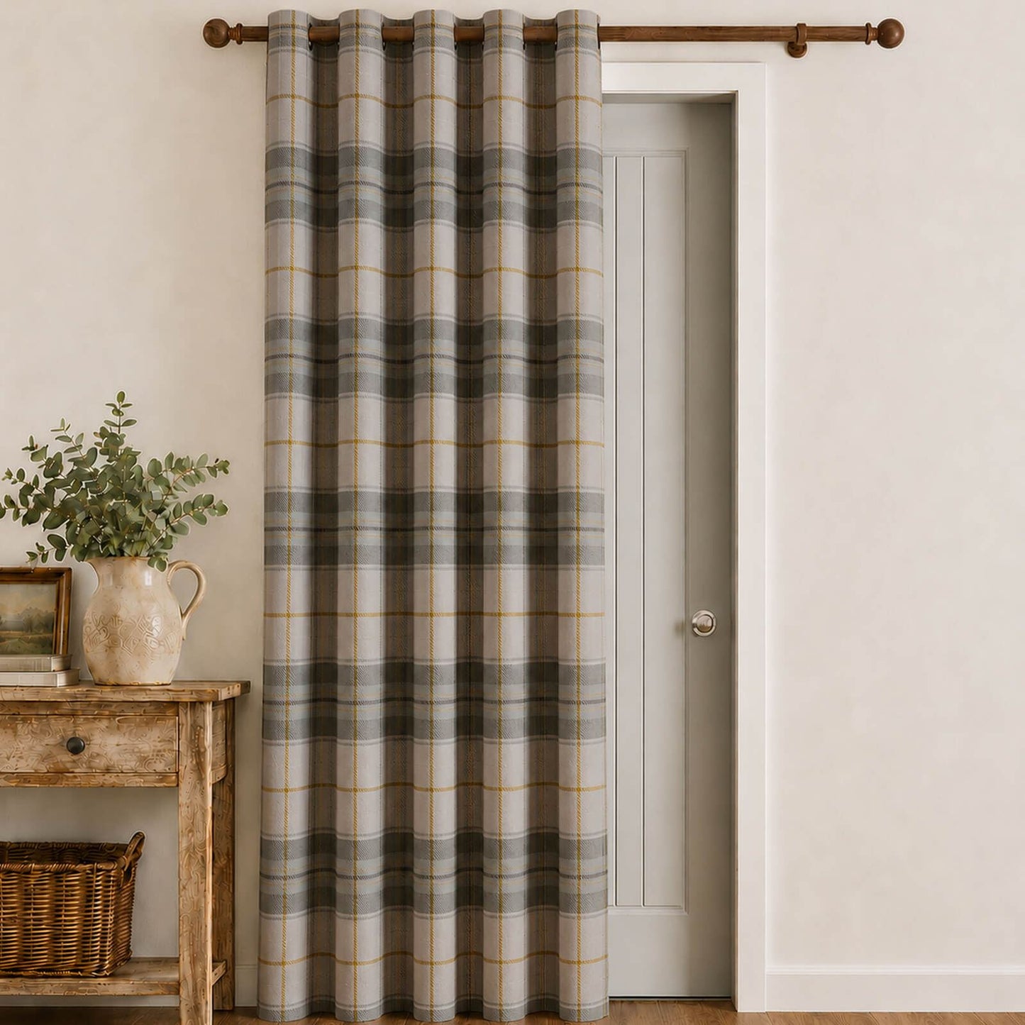 Catherine Lansfield Brushed Woven Glencoe Check Blackout Eyelet Curtains Two Panels Green