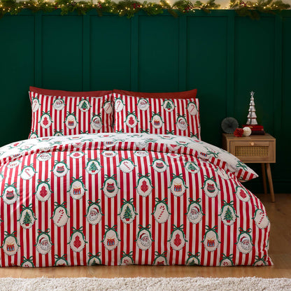 Catherine Lansfield Christmas Vintage Striped Reversible Cotton Bedding Duvet Cover Set Red