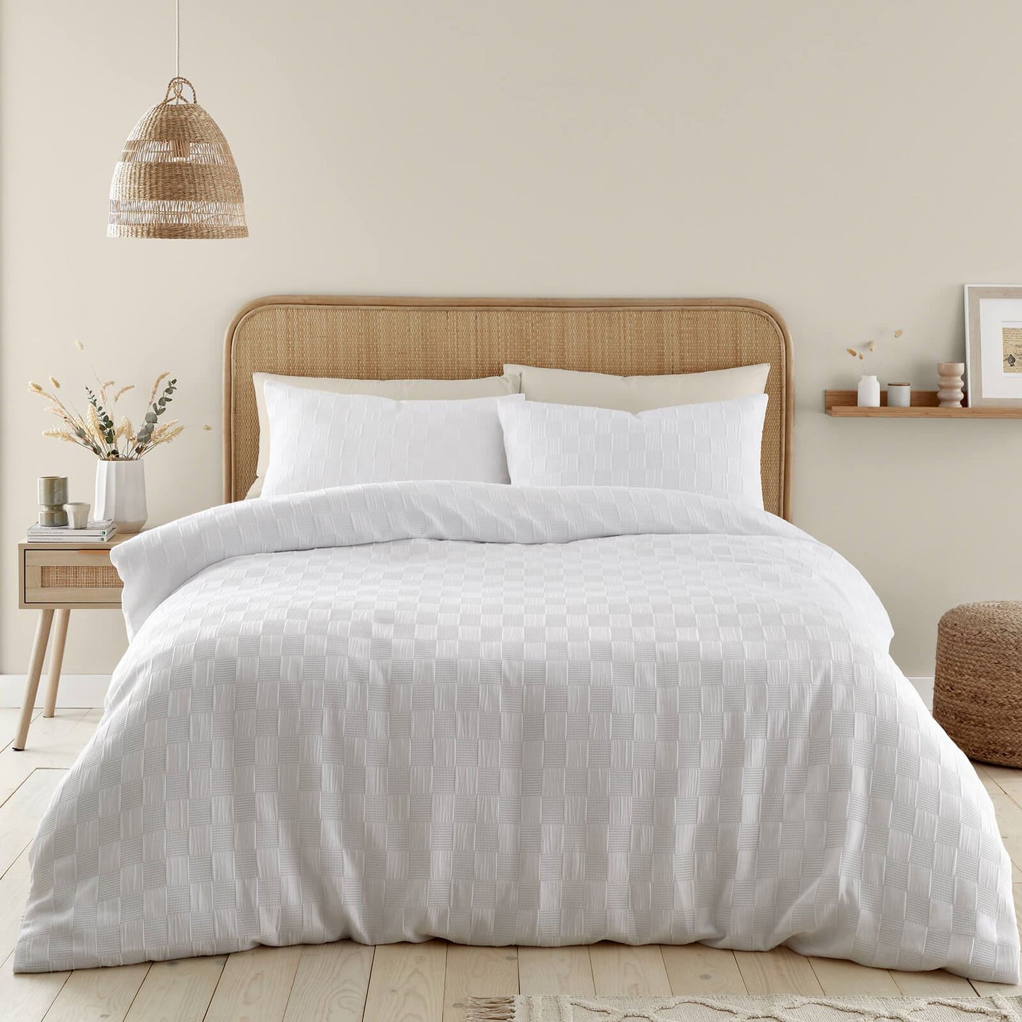 Waffle Checkerboard White Duvet Cover Set