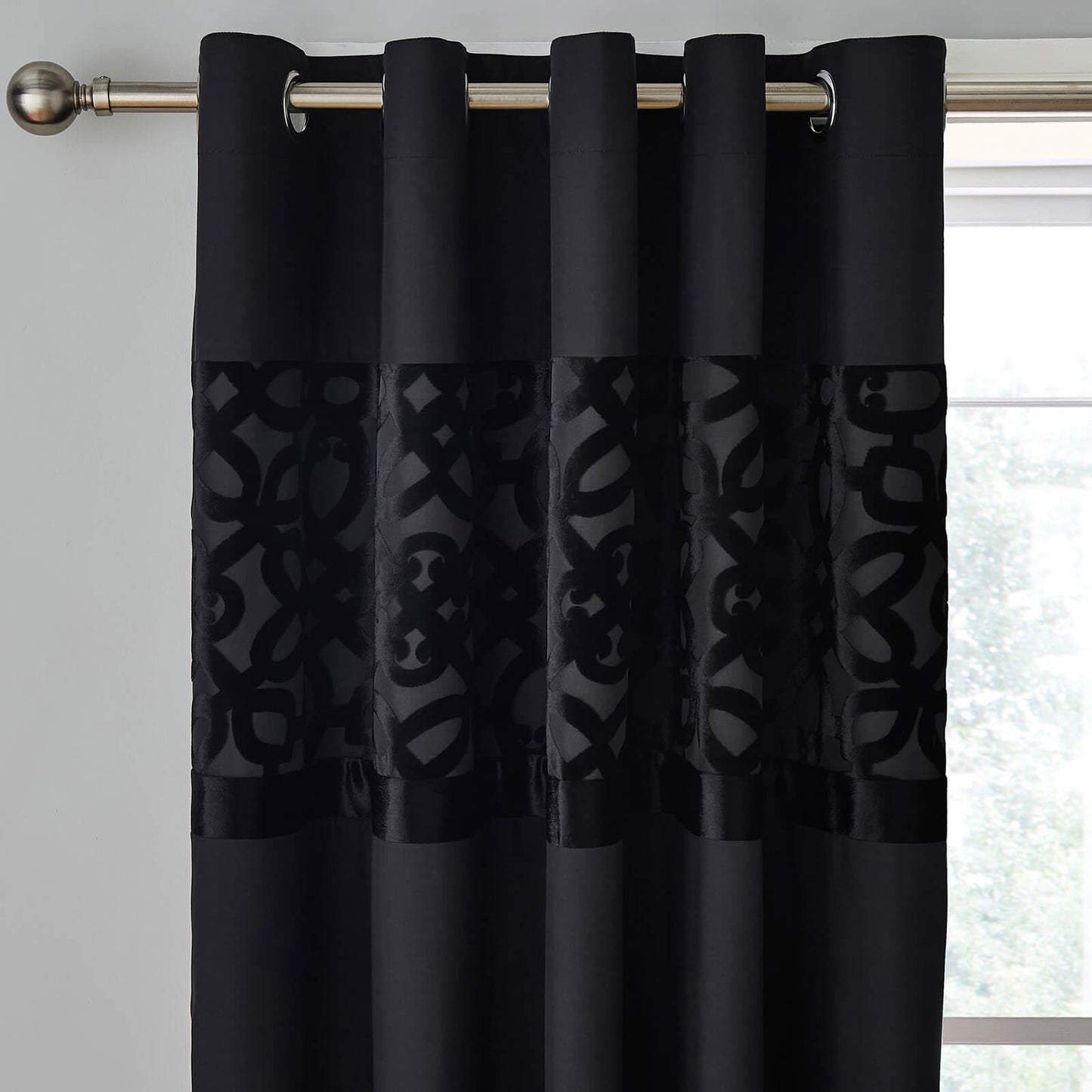 Lattice Cut Velvet Lined Eyelet Curtains Two Panels Black