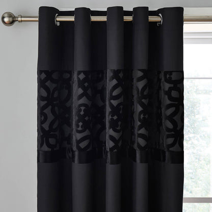 Lattice Cut Velvet Lined Eyelet Curtains Two Panels Black