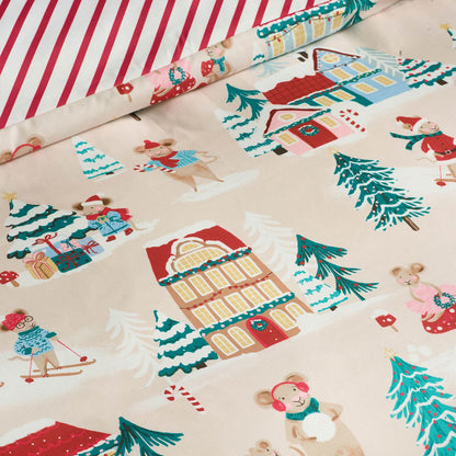 Catherine Lansfield Christmas Mouse Town Reversible Cotton Bedding Duvet Cover Set Natural