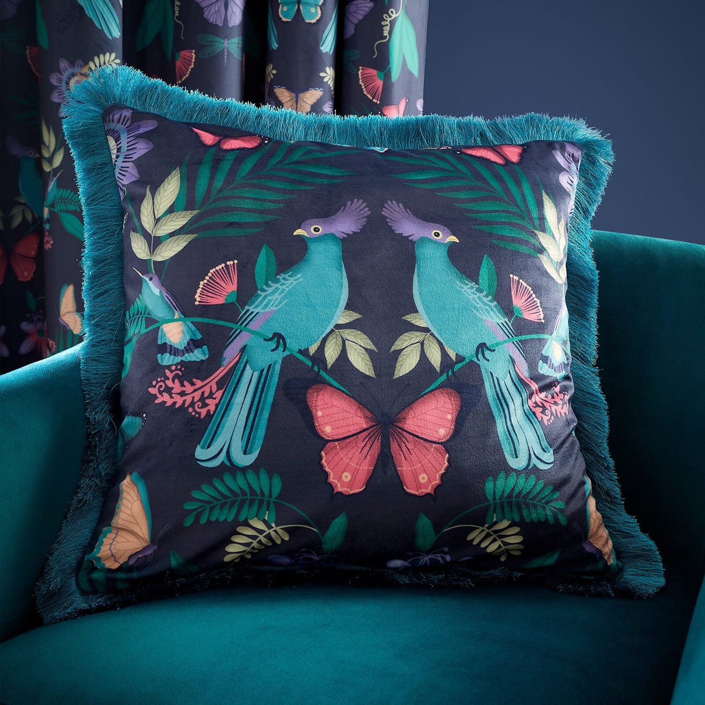Mya Tropical Birds Cushion Navy Blue