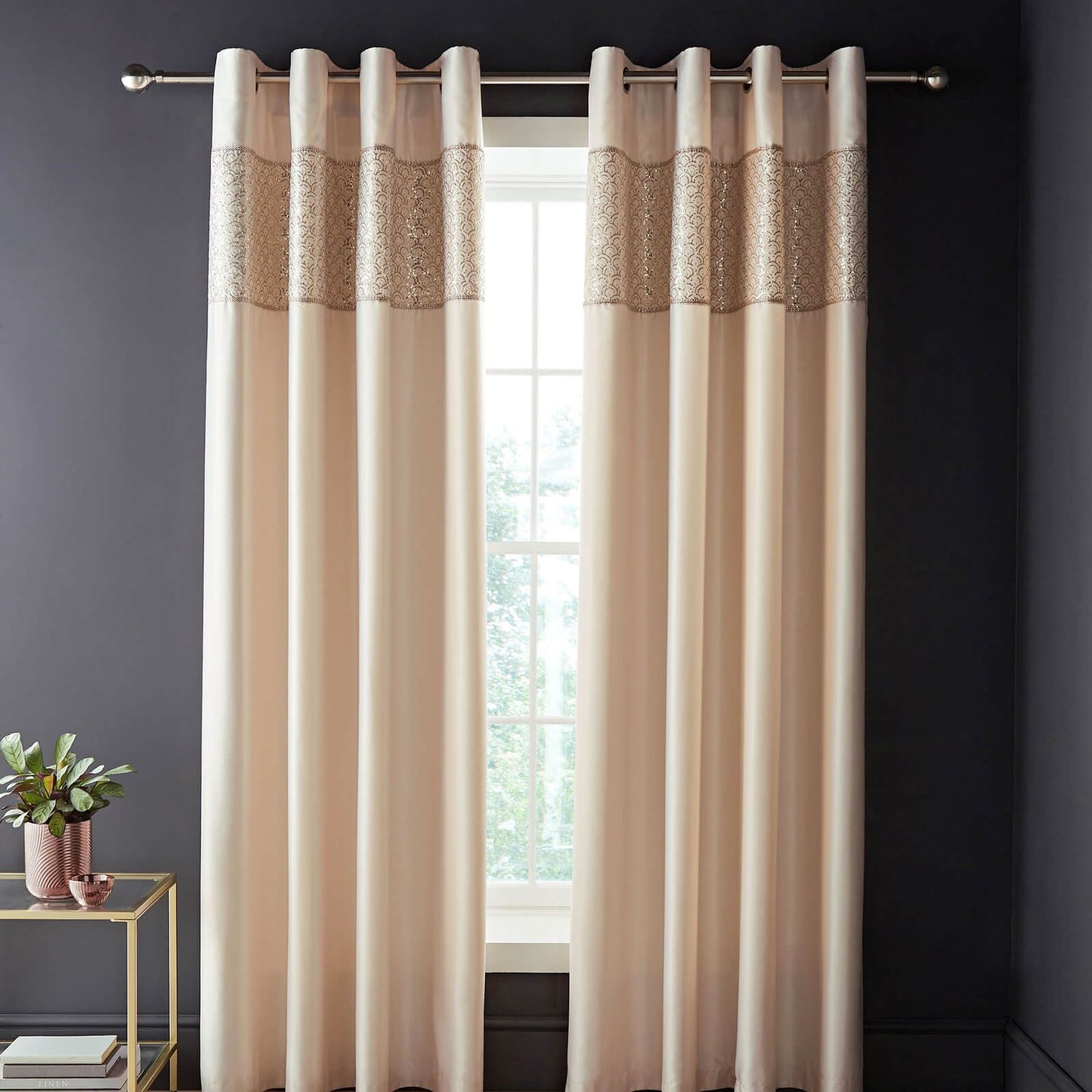 Deco Sequin Lined Eyelet Curtains Two Panels Champagne Gold