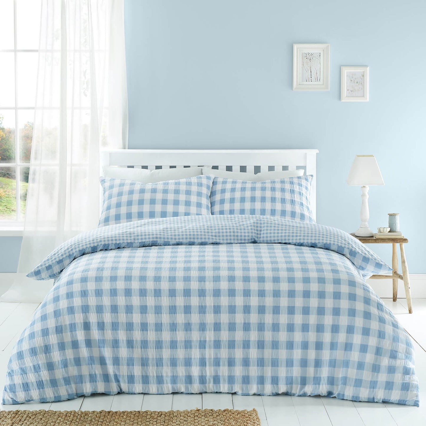 Seersucker Gingham Check Blue Duvet Cover Set