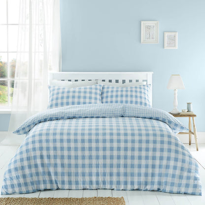 Seersucker Gingham Check Blue Duvet Cover Set