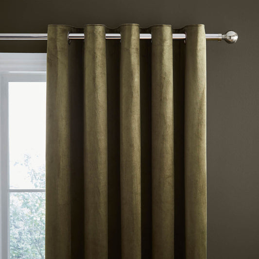 Kingsley Matt Velvet 66x90 Inch Lined Eyelet Curtains Two Panels Olive Green