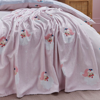 Vintage Christmas Santa Cosy Fleece Blanket Throw Pink