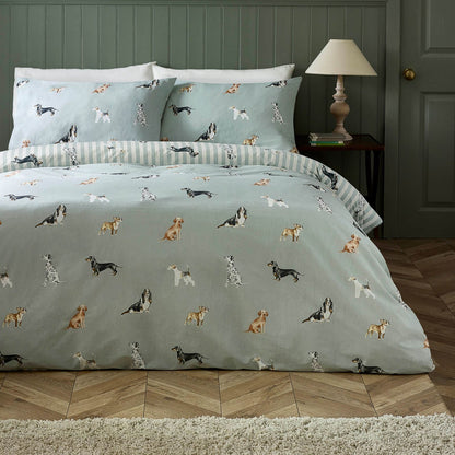 Catherine Lansfield Dog Striped Reversible Bedding Duvet Cover Set Green