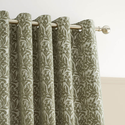 Bianca Fine Linens Chenille Leaves Lined Eyelet Curtains Two Panels Green