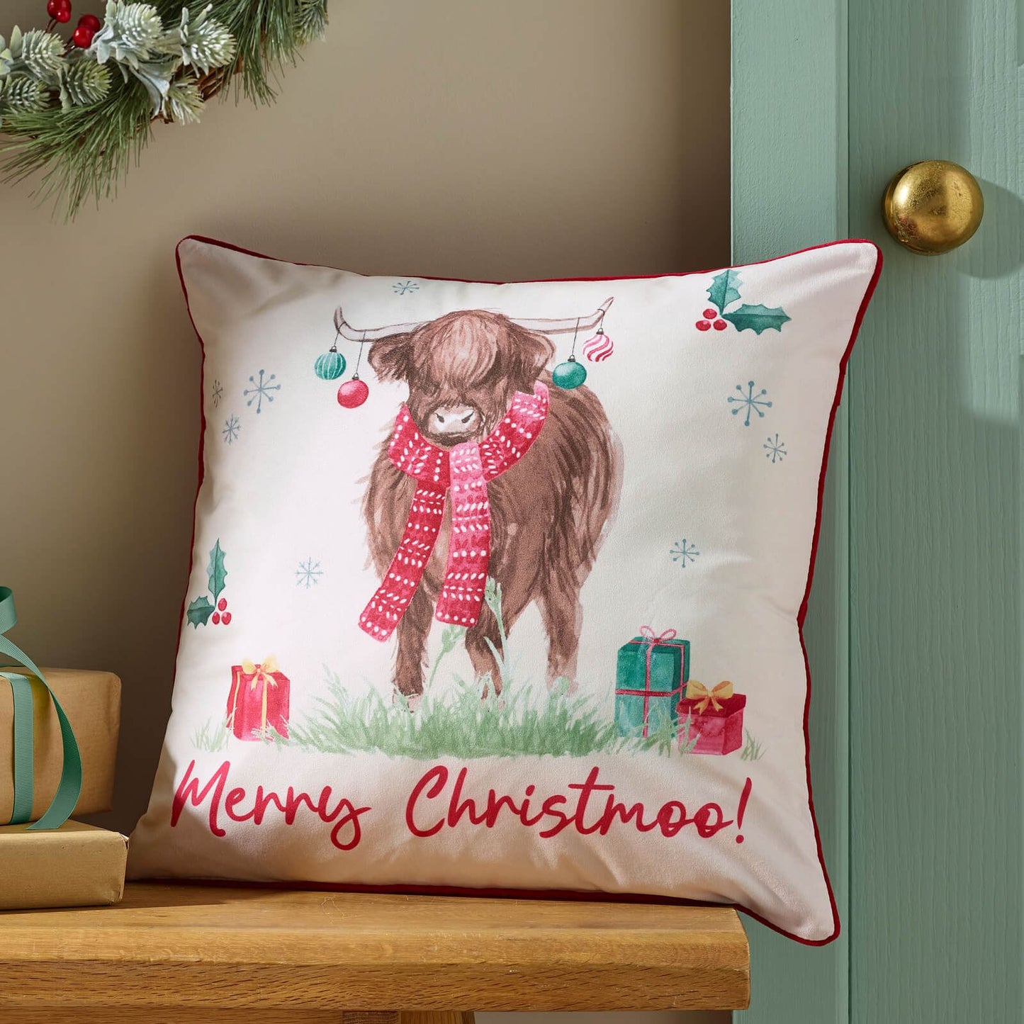 Catherine Lansfield Merry Christmoo Soft Touch Cushion Natural - 45x45cm