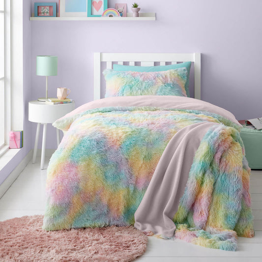 Cuddly Rainbow Deep Pile Faux Fur Blanket Throw Pastel