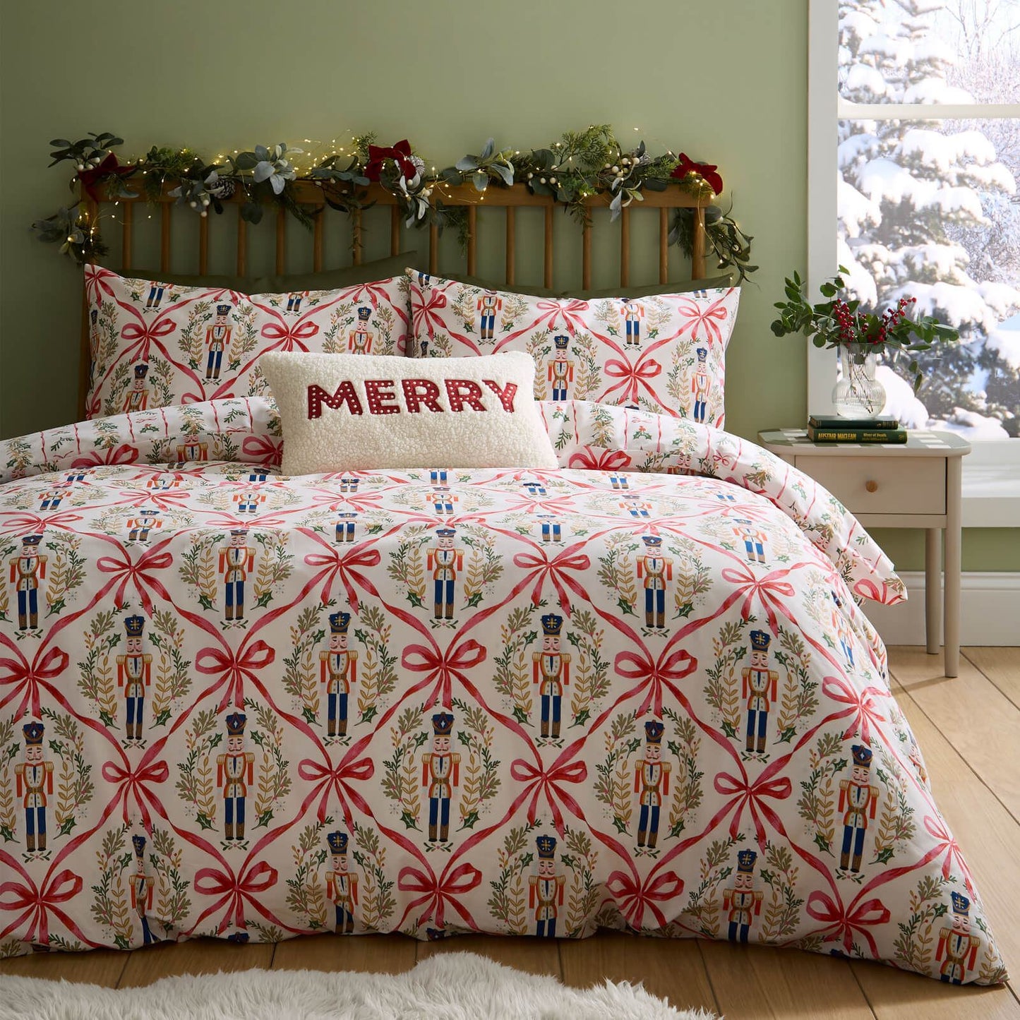 Catherine Lansfield Christmas Nutcracker Bows Reversible Cotton Bedding Duvet Cover Set Natural