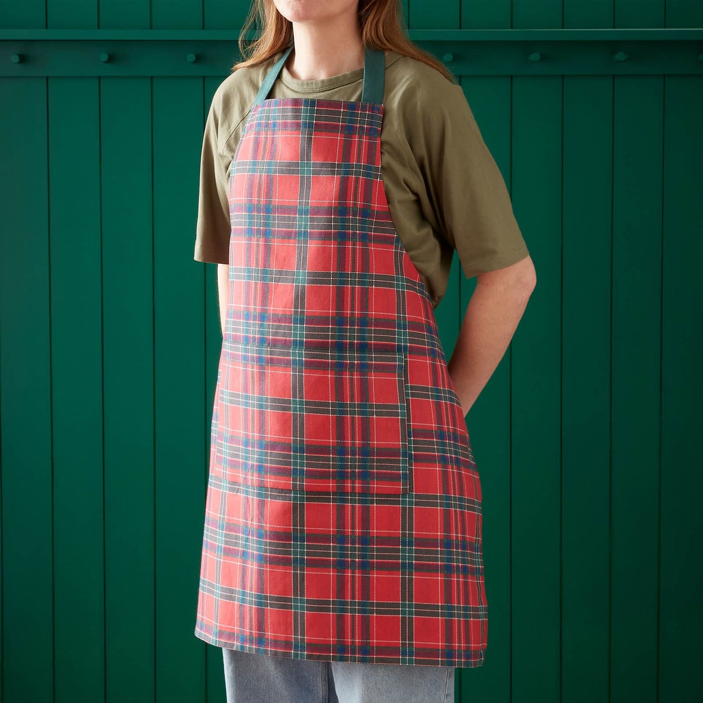 Catherine Lansfield Christmas Tartan Check Cotton Kitchen Adult Apron Red / Green - 70x80cm