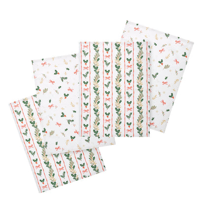 Catherine Lansfield Christmas Holly Stripe Cotton Kitchen Tea Towel Pack of 4 Cream / Red - 50x70cm