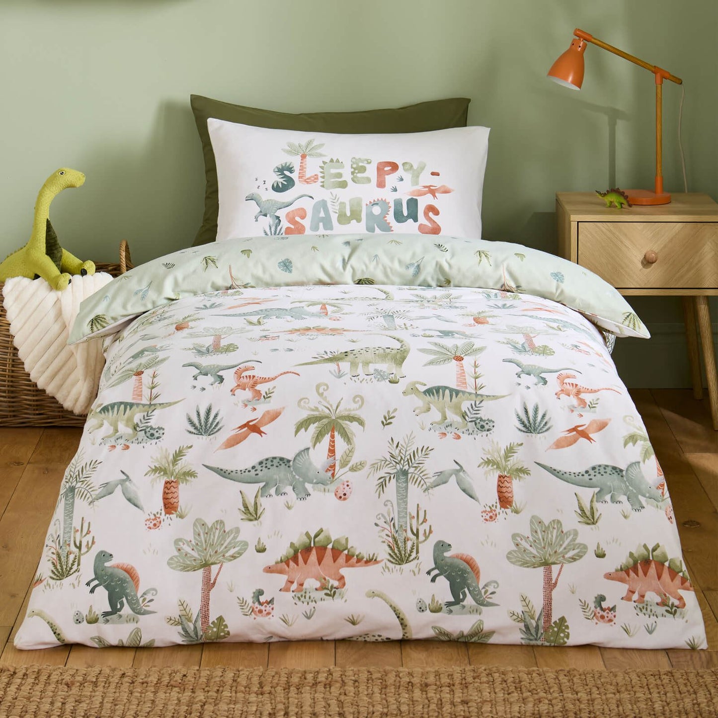 Catherine Lansfield Sleepy Saurus Dino Printed Reversible Cotton Bedding Duvet Cover Set Cream
