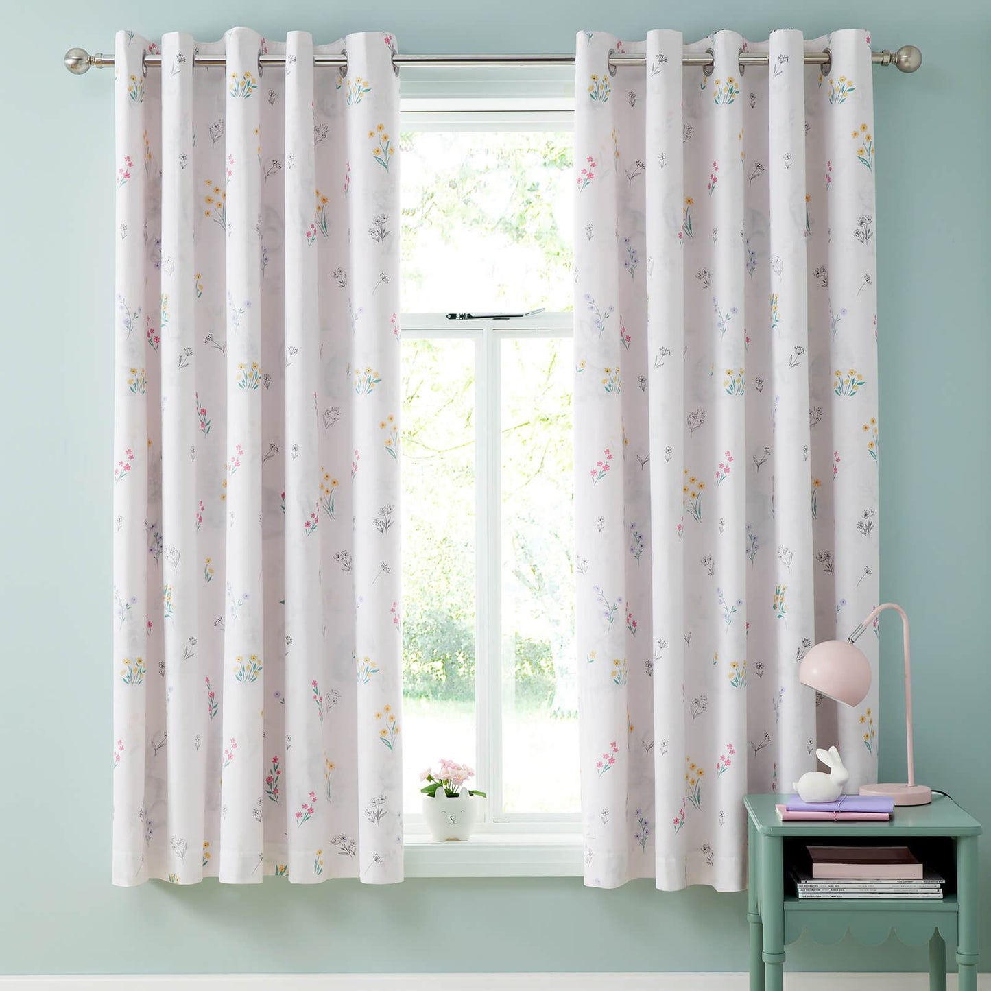 Bunny Tails Ditsy Flowers Fully Reversible 66x72 Inch Eyelet Curtains Two Panels Pink